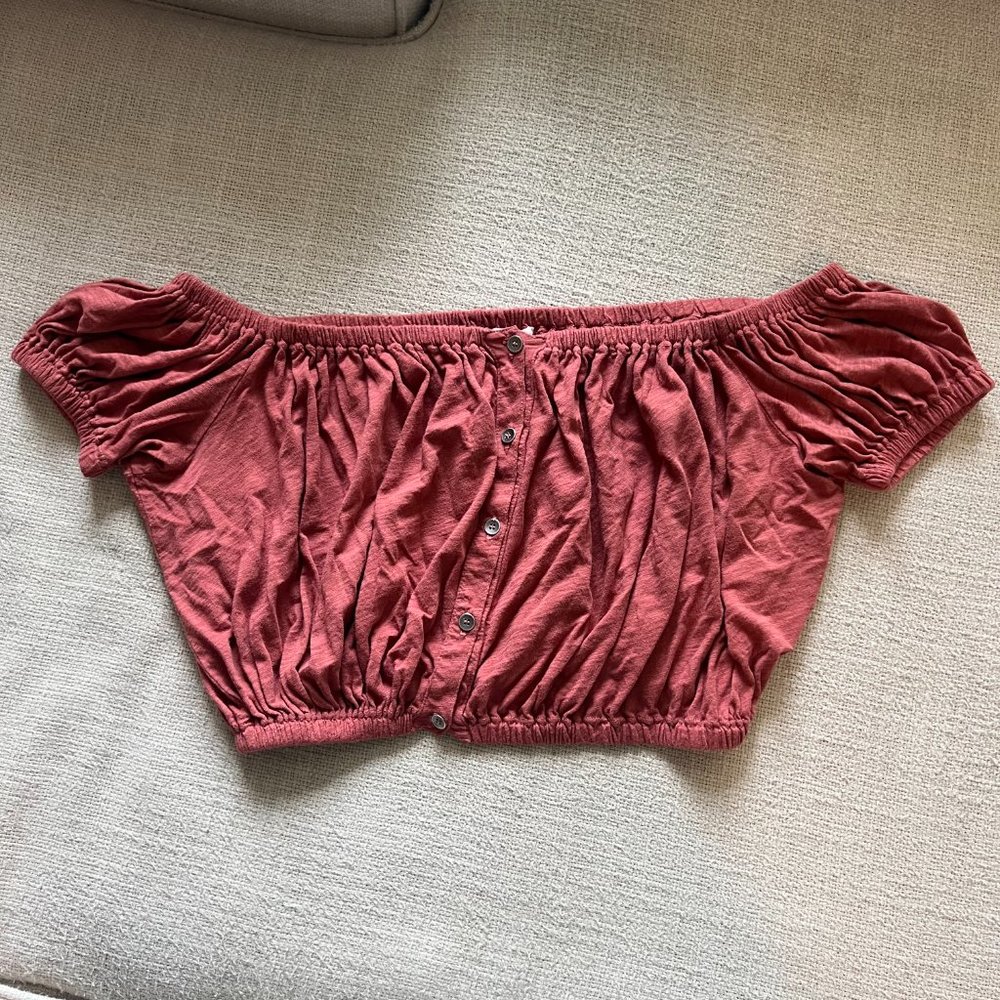 Truly Madly Deeply Off the Shoulder Cropped Top Button Detail Rust Medium